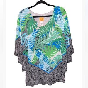 Ruby Rd Tropical Green Botanical Multicolored Patterned Poncho 2X